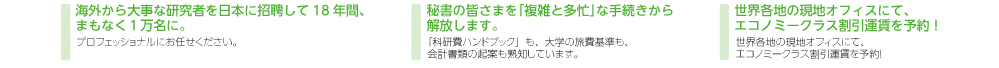 海外から大事な研究者を日本に招聘して18年間、まもなく１万名に。／秘書の皆さまを「複雑と多忙」な手続きから解放します。／世界各地の現地オフィスにて、エコノミークラス割引運賃を予約！